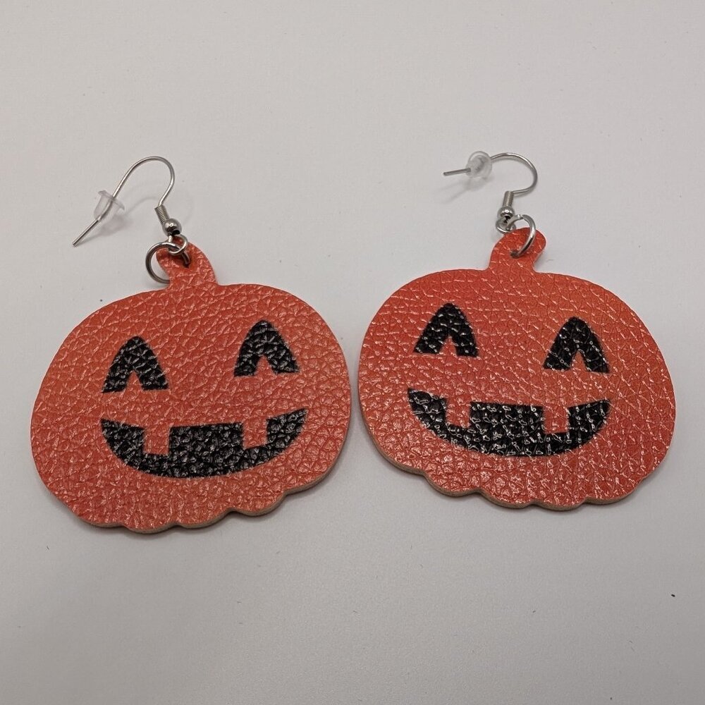 Halloween Pumpkin Pebbled Faux Leather Dangle 2 Sided Earrings 2.75" NEW